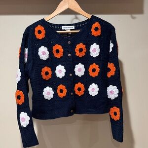 Cotton Emporium Navy Cardigan with Orange and White Floral Design